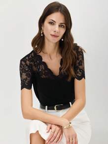 Miaspire Contrast Lace Scallop Trim Tee - Black - View 1
