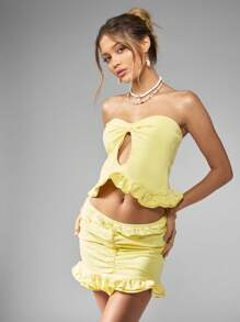 MISSGUIDED Summer Co-Ord Set Ruffled Bandeau Crop Top With Cut-Out Detail Mini Skirt Beach Party Festival Holiday Resort Wear Two Piece Set - Yellow - View 1