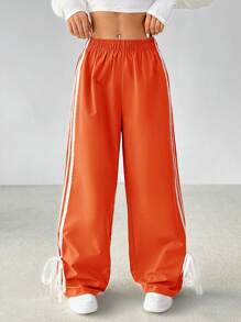 SHEIN PETITE Casual Contrast Striped Drawstring Straight Leg Pants