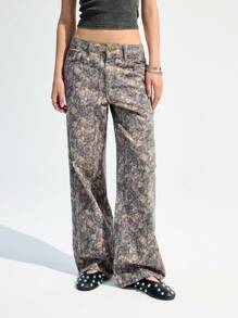 LYSMO Women's Pocket Branch Print Straight Relaxed Fit Casual Jeans - Multicolor - View 4