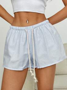 Flirla Pantaloncini casual in cotone 100% a righe rosa e bianche, vita bassa con cordoncino, dritti e morbidi, design minimalista alla moda, adatti per primavera ed estate, per donna