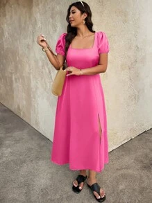 SHEIN Clasi 女式纯色泡泡袖方领蝴蝶结露背设计开衩下摆编织连衣裙 - 玫紅色 - 查看 2