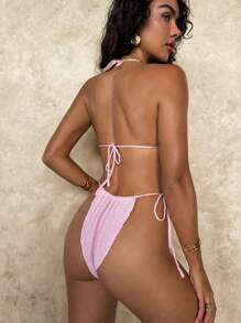 SHEIN Swim Design Charming Cute Rose & Heart Shaped Crochet Beach Bikini Set - Baby Pink - View 2