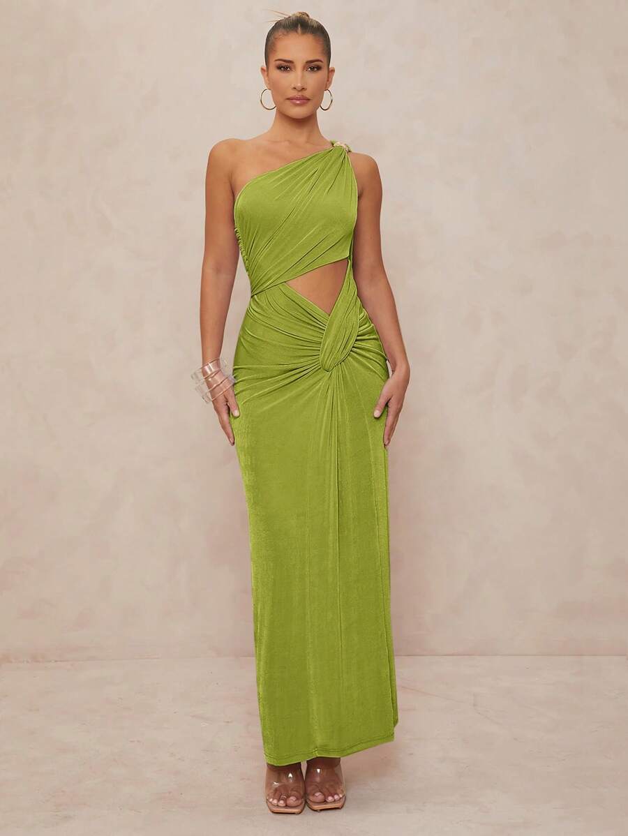 Lumalex 1 chiếc váy bó sát xoắn kim loại trang trí cho nữ có một bên vai - màu xanh lá - Xem 1