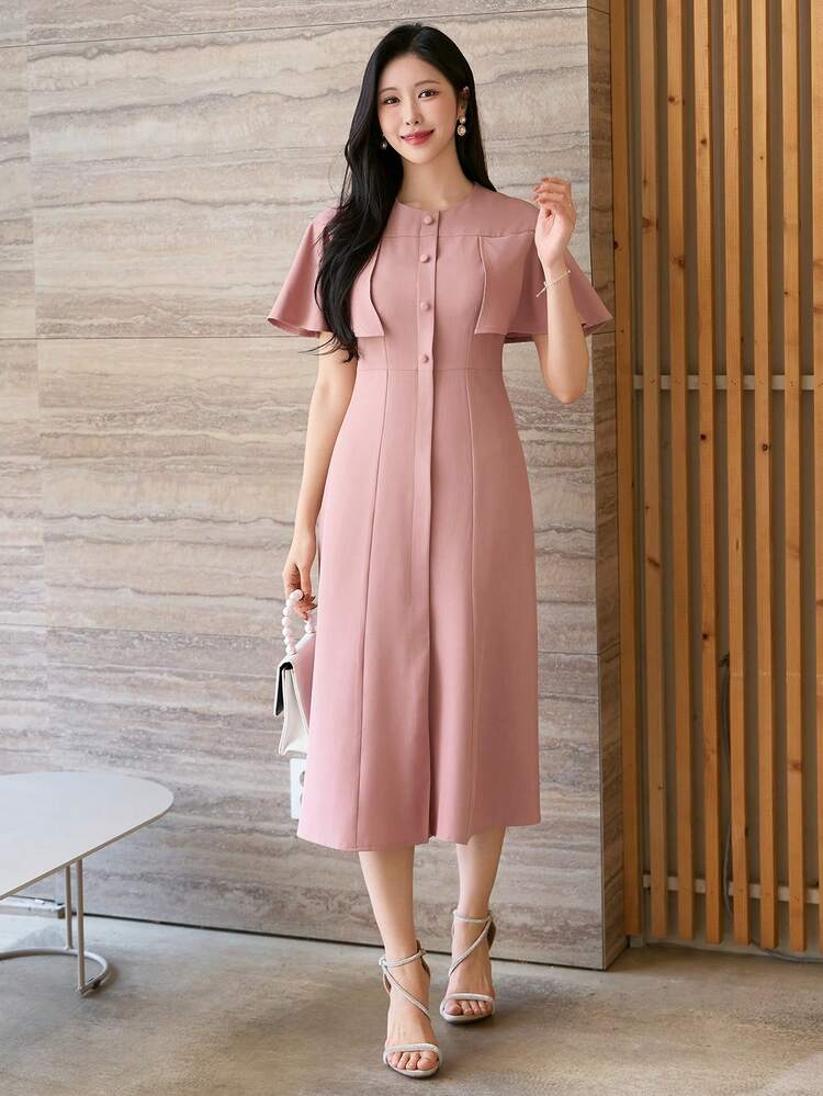 Plain Crew Neck Flare Ruched Dress For Women Maxi Dress