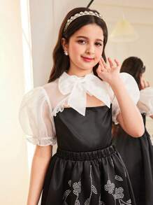 SHEIN Tween Girls Gorgeous Puff Sleeve 2 Pieces Princess Dress Set, Suitable For Graduation Ceremony, Birthday Party - Black - View 4
