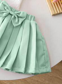SHEIN 2件套女婴优雅学院风盖袖翻领纹理花卉无袖上衣和蝴蝶结百褶裙套装，粉色 - 彩色 - 查看 3