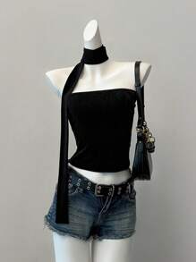 SHEIN EZwear Summer Tops  Black Knit Women's Tube Top, Casual & Fitted