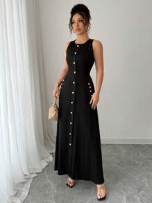 Elenzga Vestido casual de longitud media, de un solo pecho, con bolsillos y sin mangas, de color liso para mujeres