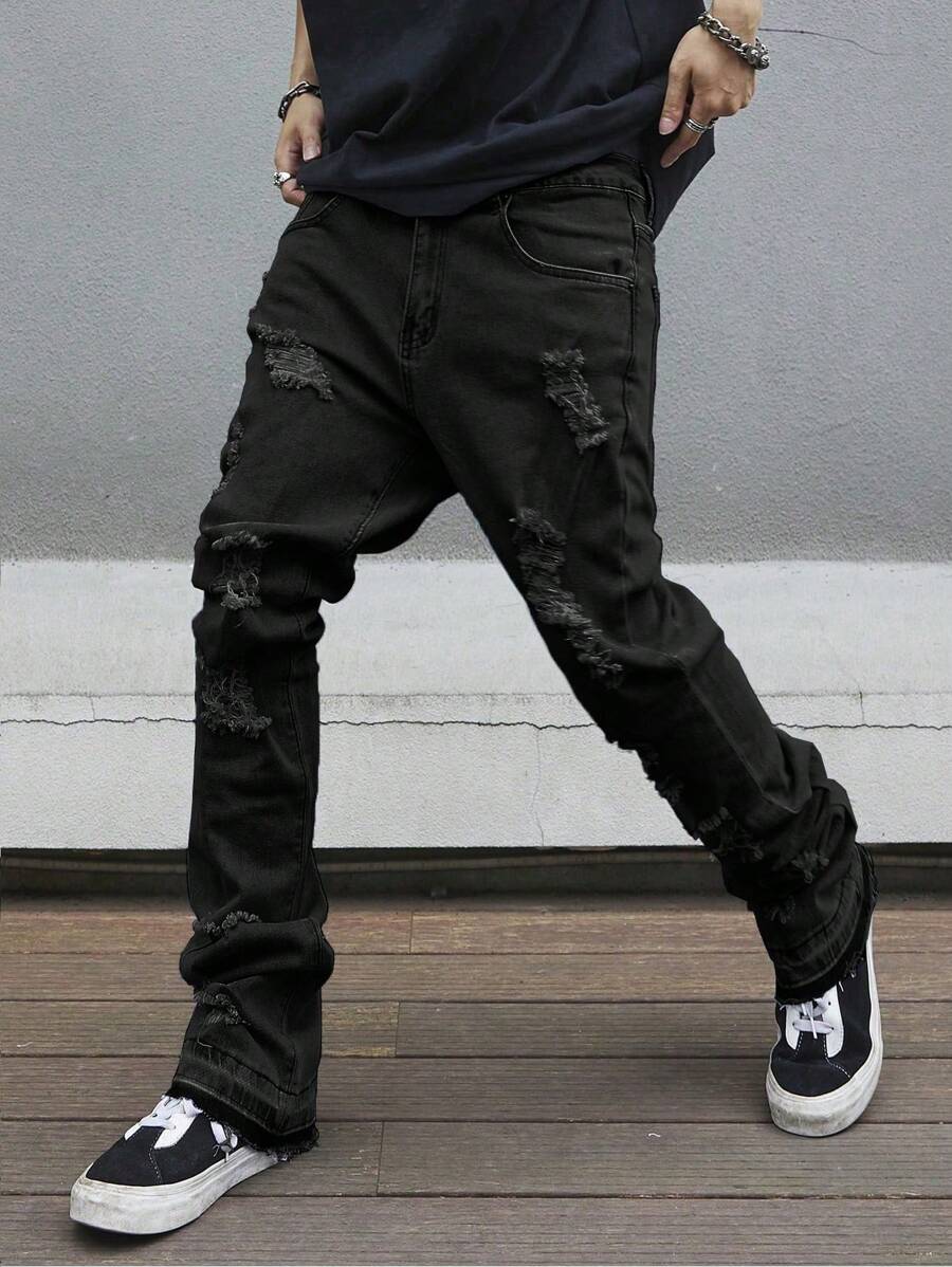 Manfinity LEGND Solid Color Distressed Pocket Skinny Flared Maxi Pants - Black - View 1