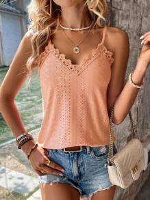 SHEIN LUNE Camiseta sin tirantes de verano de unicolor con parches de encaje, bordado y calado - Naranja - Ver 3