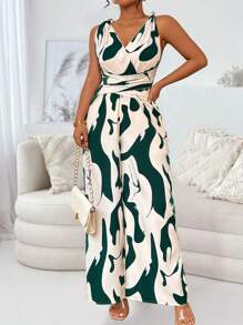 SHEIN Clasi Bộ đồ liền thân hở lưng in họa tiết ngẫu nhiên thời trang dành cho nữ - màu xanh lá - Xem 3