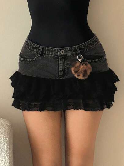 SHEIN ICON 夏季时尚撞色蕾丝迷你裙，低腰