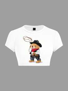 SHEIN ICON Women's Casual Minimalist Pattern Round Neck Short Sleeve Cropped Fitted T-Shirt - White - View 1