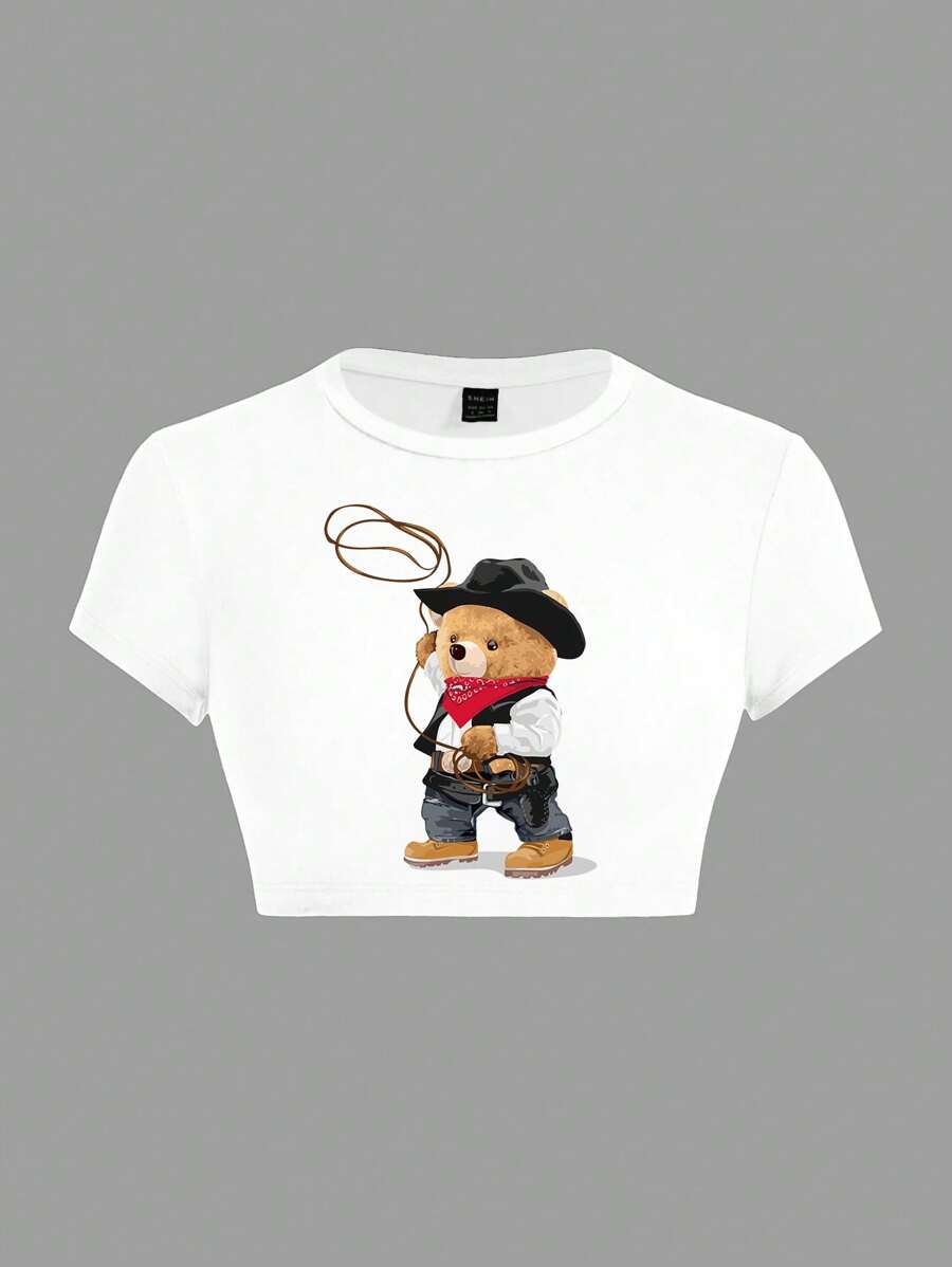 SHEIN ICON Women's Casual Minimalist Pattern Round Neck Short Sleeve Cropped Fitted T-Shirt - White - View 1