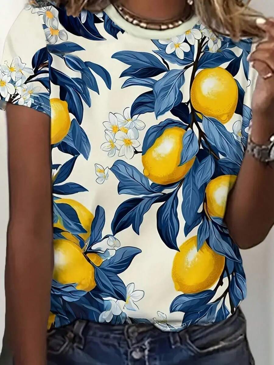 INAWLY Camiseta de manga corta de cuello redondo con estampado de limones y flores, informal, para verano