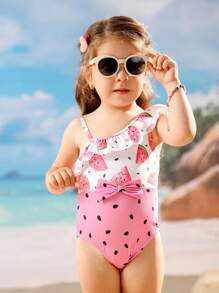 Young Girl' One-Piece Swimsuit New Arrivals, Cute Asymmetric Watermelon Print Color Blocking With Flutter Sleeve And Bow Accent, Suitable For 4-7 Years Old Girls To Wear On Beach Vacation Or Swimming Pool Toddler Girl Clothes Set Toddler Girls Outfit Sets Toddler Girl 5t - Multicolor - View 13