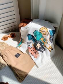 SHEIN Leap Crew 2 pièces/Set Débardeur maillots T et shorts pour bébés garçons/filles, style décontracté mignon avec imprimé animal au crayon, col rond, épaules tombantes, tricot ample. 2 pièces, tenue appropriée pour le printemps et l'été, pour porter à l'intérieur et à l'extérieur - Kaki - Voir 8