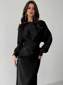 Firerie Women's Elegant Apricot Satin Asymmetrical Hem Satin Skirt - Black - View 5