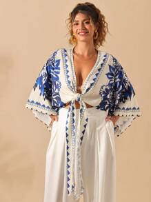 Sunserae 大码女式陶瓷蓝印花 V 领短袖波西米亚度假衬衫，春夏 - 藍色 - 查看 8