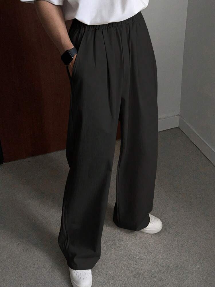 Spring Solid Black Wide Leg Loose Casual Pants For Men, Fall