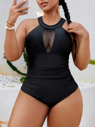 Swim Lushoire Plus Size Women's One-Piece Solid Black Knitted Sleeveless Backless Simple Spaghetti Strap Swimsuit For Summer Beach Vacation