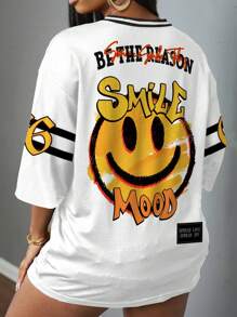 Slaydiva 2025春夏女装休闲极简主义“微笑心情”粉笔涂鸦笑脸印花V领宽松T恤针织衫锐舞T恤伊比沙岛乡村音乐会T恤纳什维尔T恤 - 白色 - 查看 2