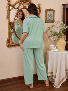 SHEIN Plus Size Sweet Lotus Collar Design Women Casual Ribbed Pajama Set For Home Wear, Outfits - Mint Green - View 3