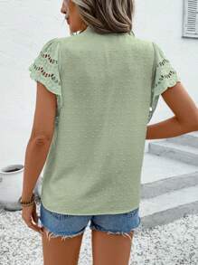 SHEIN LUNE Bluză cu guler cu decupaj brodat, de culoare solidă, de vacanță - Verde - Vizualizare 2