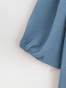 Al Najma 纯色圆领灯笼袖百褶时尚阿拉伯风格连衣裙，端庄大方 - 藍色 - 查看 5