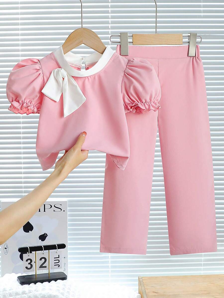 Genkimix Kids 2 件套少女蝴蝶结装饰泡泡袖短袖上衣和裤子套装 - 粉色 - 查看 1