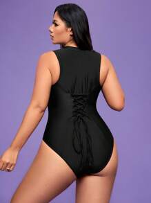 Shapewave Traje de baño de una pieza para mujer de talla grande con cremallera en la espalda, tirantes con cordón y moldeador de figura