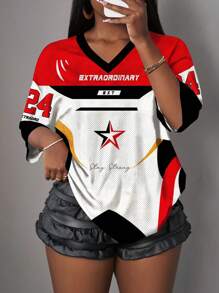 Slaydiva Casual Minimalist Letter & Numeral Print Women T-Shirt, Suitable For Summer, Sports Events