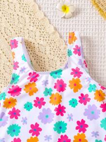 SHEIN Leap Crew Cute Babygirl Floral Pattern Knitted Elastic Romper Swimsuit, Casual - Multicolor - View 3