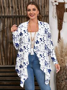 EMERY ROSE 1 chiếc áo khoác nữ cỡ lớn màu xanh và trắng họa tiết hoa, thích hợp cho kỳ nghỉ xuân/hè - Nhiều màu - Xem 5