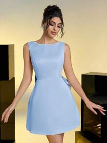 Lovelzi Abito da sera elegante e romantico in raso di lusso, con decorazione di catena di perle sintetiche e fiocco, schiena scoperta, aderente sulla parte superiore e ampio sulla parte inferiore, adatto per feste, balli, appuntamenti, matrimoni, come abito da cocktail o per ospiti di matrimoni