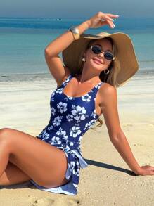 Swim Lushoire Women's Floral Print Knotted One Piece Swimsuit, Suitable For Vacation For Summer - Blue and White - View 4