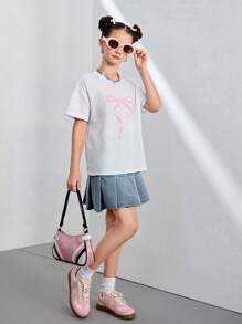 Tween Girls White Casual Loose Butterfly Print T-Shirt & Denim Wide Waistband Pleated Skirt Set, Versatile Simple Fashion Design For Daily Wear - Multicolor - View 3