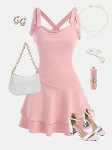 Girlism Teens Girl Knit Ruched Waist A-Line Ruffle Hem Casual Bow Strap Sundress - Pink - View 1