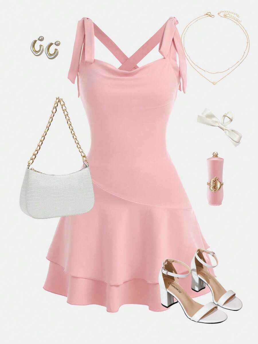 Girlism Teens Girl Knit Ruched Waist A-Line Ruffle Hem Casual Bow Strap Sundress - Pink - View 1