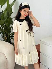 SHEIN Tween 女童可爱彼得潘领蝴蝶结泡泡袖休闲日常连衣裙，百搭 - 白色 - 查看 2