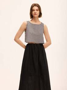 SHEIN Unity 2 pièces Ensemble décontracté de vacances pour femmes, top court carreauté en polyester/coton et jupe longue en coton pur, décontracté et confortable - Noir - Voir 8