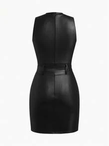 Zolique Women's Solid Color Fitted Waist Tie Sexy Sleeveless Bodycon Dress - Black - View 2