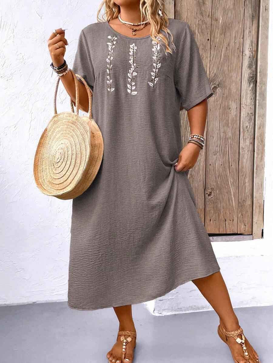 Linhara Plus Size Floral Print Casual Holiday Dress - Grey - View 1