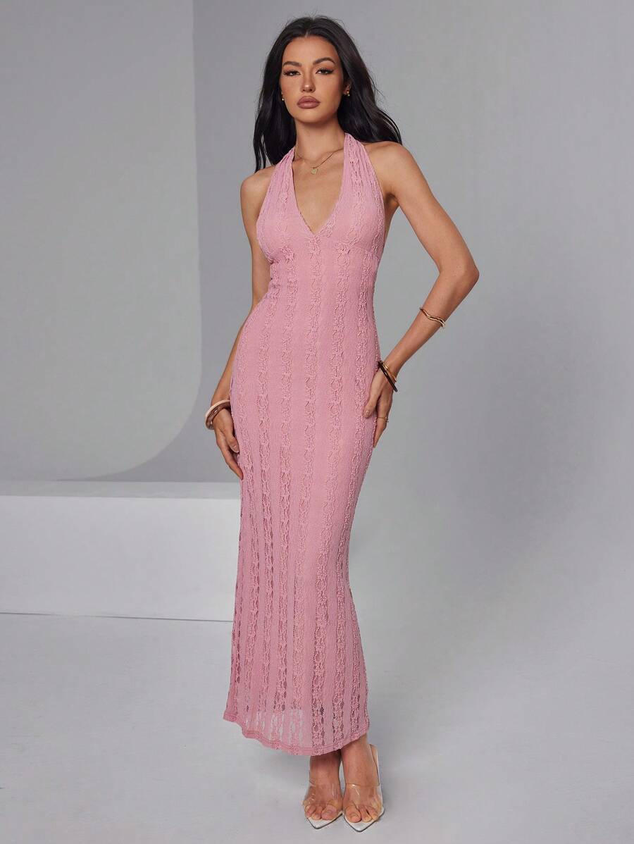 Roylia Women's Elegant V-Neck Backless Tie Knitted Dress - Hot Pink - View 1