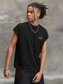 ROMWE MEN Street Life Men's Letter Print Round Neck Casual Loose Tank Top - Black - View 6