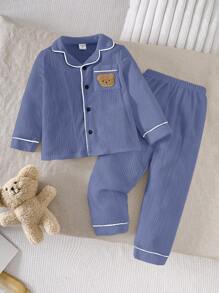 SHEIN Leap Crew Dozemod Kids Boys Casual Cute Bear Patch Pocket Collar Front Opening Long Sleeve Top And Pants Knit Textured Homewear 2pcs Set - Dusty Blue - View 1