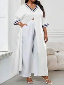 SHEIN Lady فساتين وبذلات النساء مناسبة للمناسبات الخفيفة والصيف الأنيقة مع تصميم محبوك محبوك بلون أزرق داكن شق الأكمام قصيرة لحجم كبير ، نفس نمط الخريف فستان الزفاف ، بذلات سراويل, ملابس الشاطئ وإجازة, ملابس الشاطئ للنساء, ملابس الإجازة للنساء, أطقم أنيقة للنساء للكنيسة, ملابس الربيع للنساء