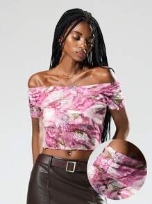 SHEIN EZwear 2025summer And Spring Elegant Ditsy Floral Lace Off Shoulder Sheer Lightweight Blouse Pastel Dresses For Women For Vacation - Multicolor - View 1