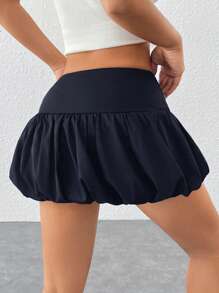 SHEIN PETITE Women's Casual Navy Blue Mini Skirt With Bubble Hem Detail